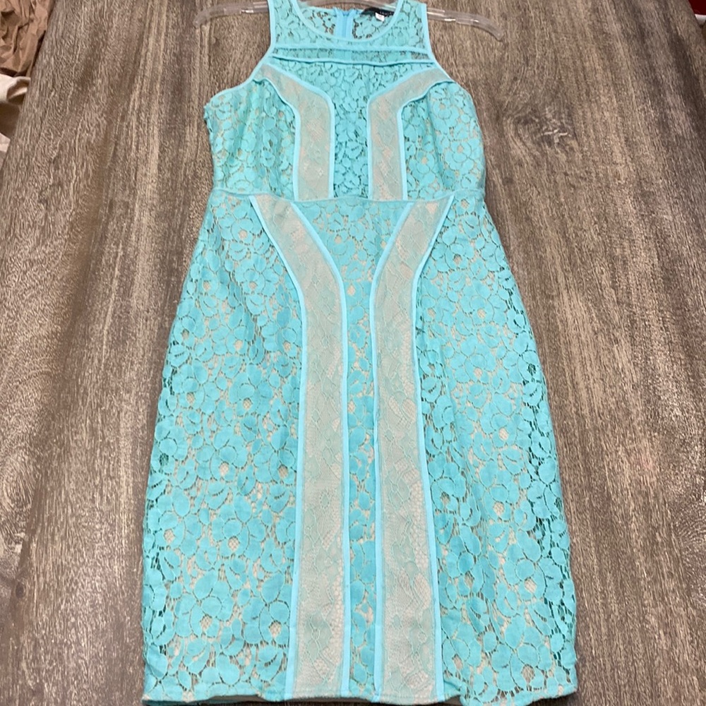 Beautiful lace teal dress with nude underneath as lining sleeveless